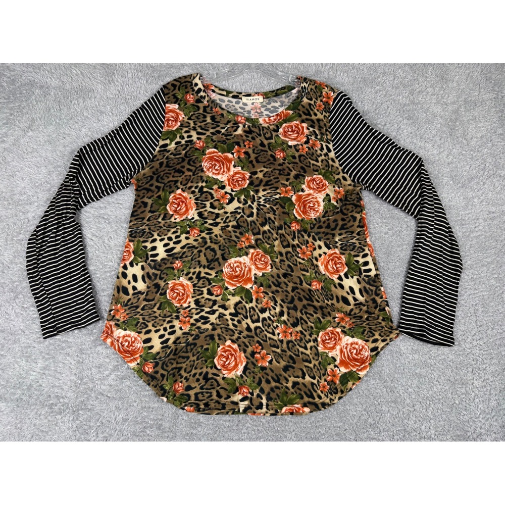 Viamor Leopard Floral Striped Top Womens XL Brown Mixed Print Excellent Longslv